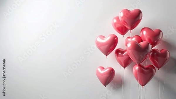 Fototapeta Heart-shaped balloons floating gently above a minimalist white background, heart balloons, soft love hearts on light background