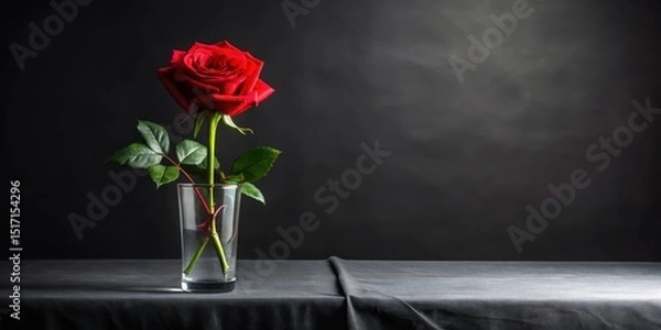 Fototapeta A single red rose blooms in a vase on a sleek black tablecloth , roses, simple