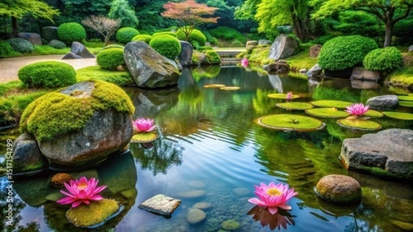 Fototapeta A serene pond with water lilies and a few lotus flowers surrounded by moss-covered stones in a traditional Japanese garden setting, naturescapes, lakescapes