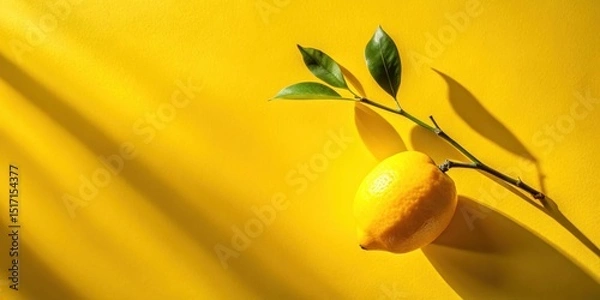 Fototapeta Lemon branch casting shadow on vibrant yellow background, flora, citrus,  flora, citrus, illustration, nature, shadow