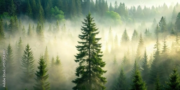 Fototapeta Forest Solitude Tree Mist, forest atmosphere, evergreen tree