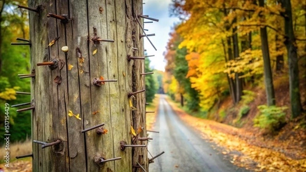 Fototapeta Telephone pole with staples stuck in the wooden part near the top and some leaves and twigs falling from it on a rural road, wooden structure, twigs