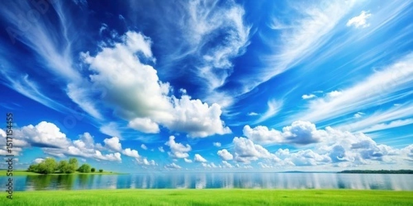 Fototapeta Serene landscape with blue sky and wispy white clouds against a bright blue background, nature, idyllic,  nature