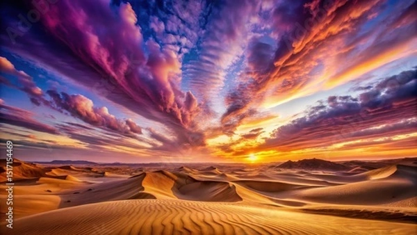 Fototapeta Vibrant sunset with swirling clouds and purple hues over a vast desert landscape, featuring sandy dunes and rocky formations, desert landscape, sand dunes