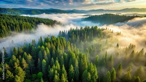 Fototapeta Foggy Morning in a Dense Green Pine Forest from Drone Aerial View, fresh air, mountainous terrain