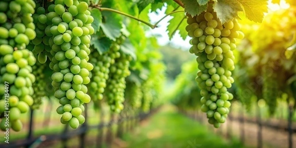 Fototapeta green grapes on the vine ready for harvest, clusters of green fruit hanging from vines in a lush green orchard