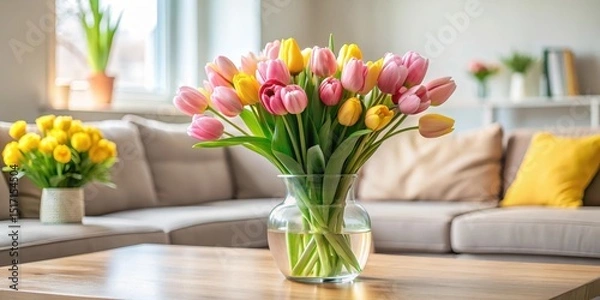 Fototapeta A Bouquet of Pink and Yellow Tulips in a Vase on a Coffee Table in a Living Room with a Calendar that Says Mother's Day, flowers, clean living room