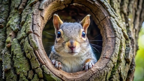 Fototapeta A curious squirrel peeks out of its cozy tree hole, revealing fluffy grey fur and twitching whiskers, trees