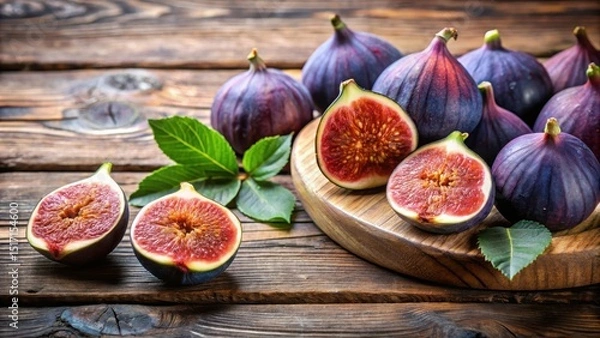 Fototapeta Fresh figs on a rustic wooden table , harvest, figs