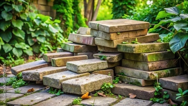 Fototapeta A close-up of a pile of weathered paving stones in a garden, with overgrown vegetation surrounding them , outdoor elements, paving stones