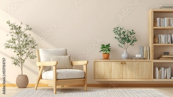 Fototapeta Home beautiful interior template mockup living room design background cosy armchair with wooden cabinet bookshelf bright clean and clear interior space home background design