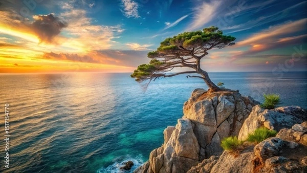 Fototapeta Ancient lone pine tree stands majestically on rugged coastal cliff edge overlooking vast expanse of serene turquoise ocean at sunrise, pine tree, rocky shoreline