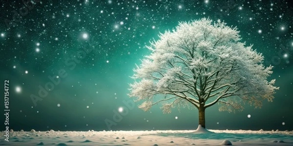 Fototapeta Fleece-covered winter tree against a dark green background, with snowflakes gently falling on its branches, snow, nature,  snow
