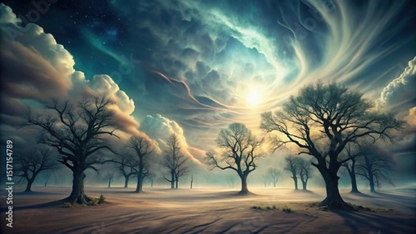 Fototapeta A surreal landscape with distorted trees and a dark sky, surrounded by an eerie glow, fantasy, surreal,  fantasy