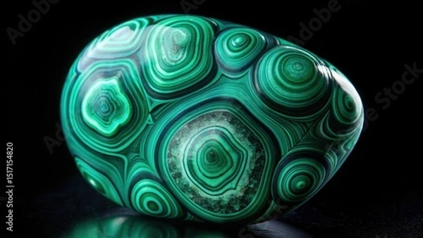 Fototapeta Malachite gemstone on black background with intricate patterns and swirling shapes, crystal malachite, crystal formation