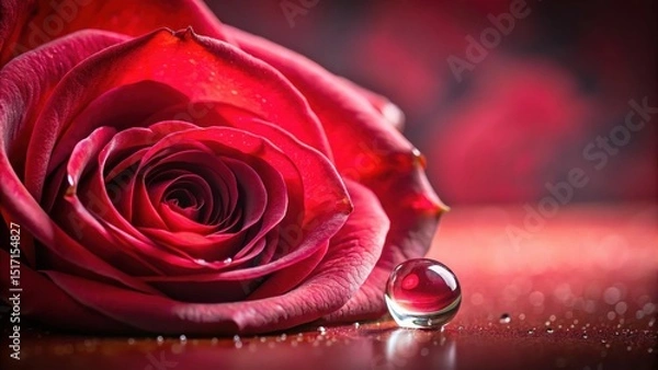 Fototapeta Romantic red rose in water droplet on crimson background with soft focus effect