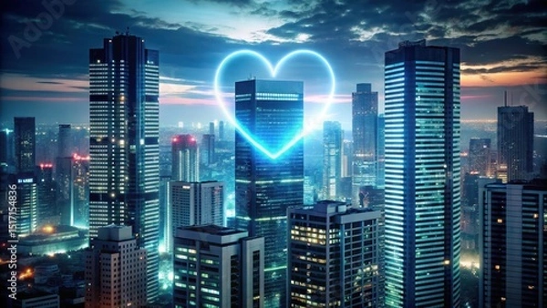 Fototapeta A futuristic skyscraper with a glowing heart-shaped cutout at its peak, surrounded by city lights