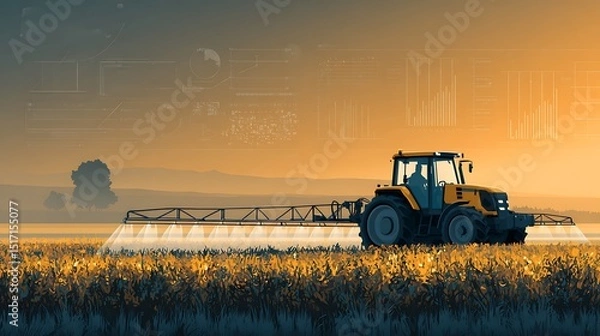 Fototapeta Irrigation tractor driving spraying or harvesting an agricultural crop at sunset with information infographic data datum as banner design for agriculture industry and food supply production concepts