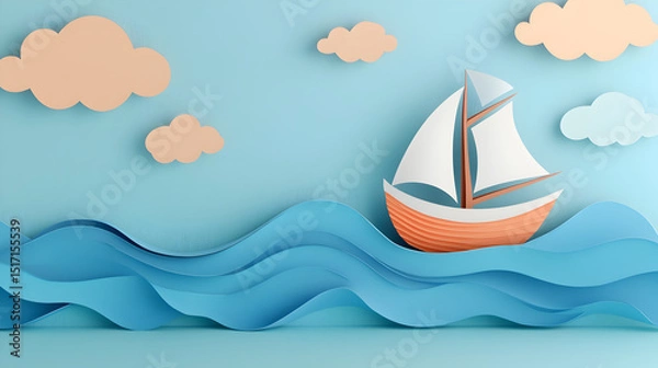 Fototapeta un barco navegando por las olas del oceano con nubes en el cielo paisaje hecho con recortes de papel resaltado a mano moderno en tonos pastel 