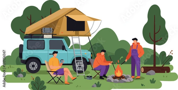 Obraz Outdoor camping scene with car tent and people enjoying fire and fishing in nature 