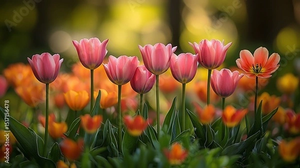 Fototapeta Vibrant pink and orange tulips in full bloom, standing tall in a lush garden setting