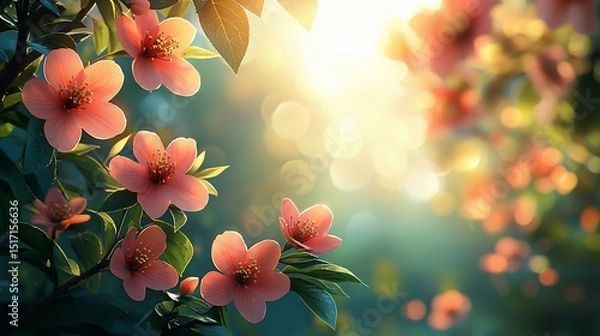 Fototapeta Vibrant pink flowers in soft sunlight, spring blossoms
