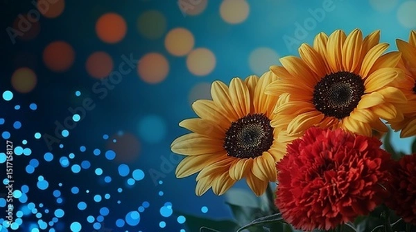 Fototapeta Vibrant sunflowers and carnations in a bouquet, soft focus bokeh background