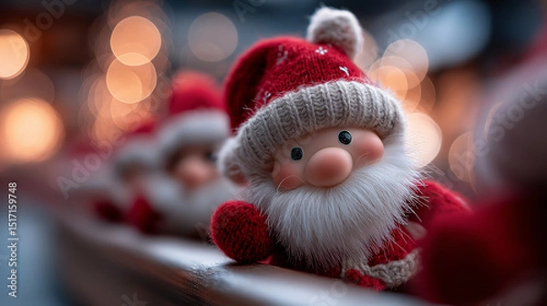 Fototapeta Niedliche Weihnachtsmann-Figur mit roter Mütze und warmem Bokeh im Hintergrund