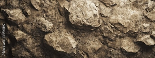 Fototapeta Close-up view of a rough, textured rock face.  Brown, beige, and tan tones.  Uneven, overlapping surfaces and varied rock sizes