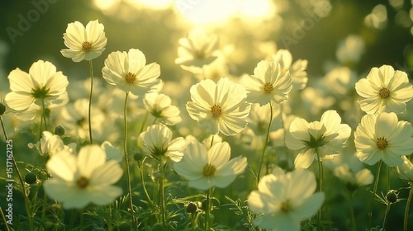 Fototapeta White flowers gleam in bright sunlight, creating a tranquil garden scene