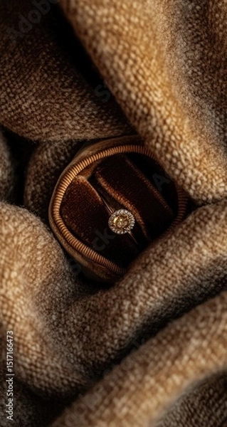Obraz A delicate ring nestled in a plush, brown velvet box, draped in a textured, warm-toned fabric