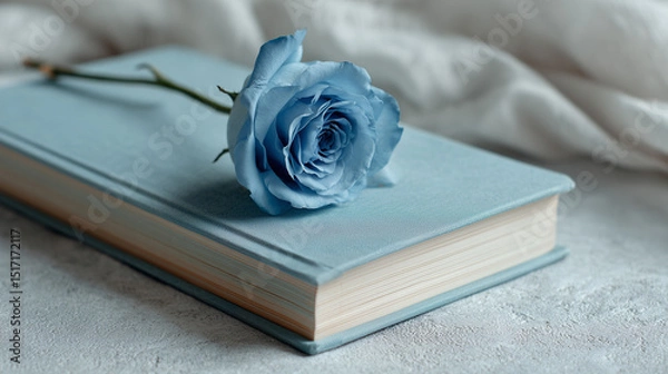 Obraz 淡いブルーの本と青いバラがグレーの机の上に置かれている・ミニマル・上品・余白あり