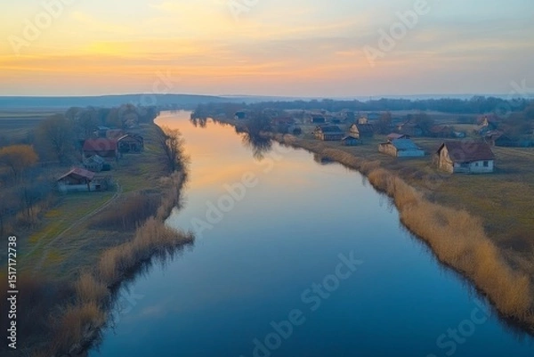 Fototapeta Aerial view of winding river between fields and forests during golden hour
