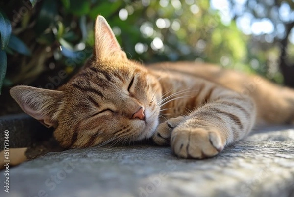 Fototapeta Red cat sleeping on a stone surface in the garden during sunny afternoon