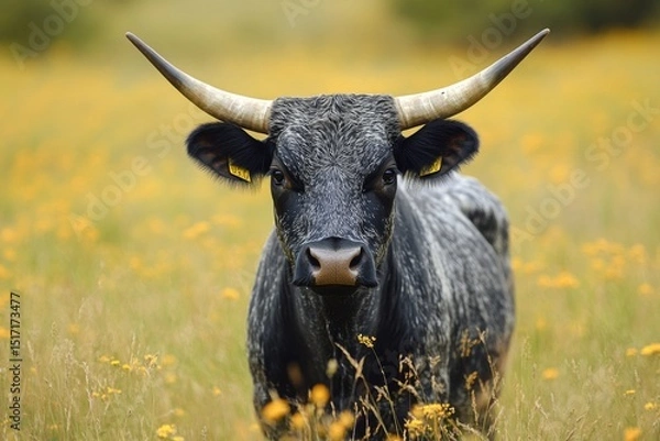 Fototapeta Longhorn cow standing on a yellow flower field looking directly at camera