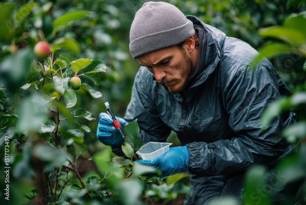 Fototapeta Man harvesting fruit from trees in orchard while wearing gloves and beanie