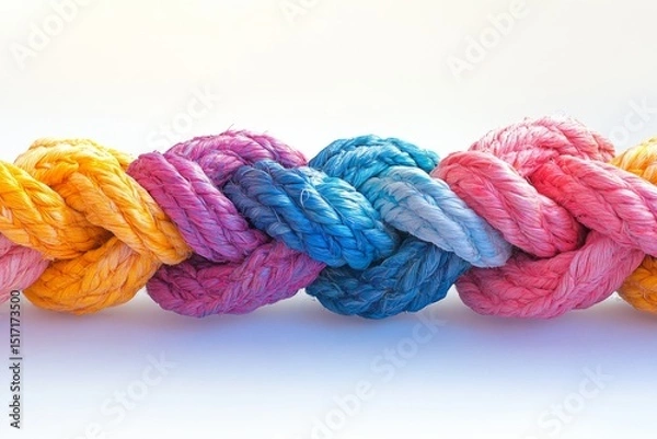 Fototapeta Closeup of colorful twisted rope made of multiple strands on white background