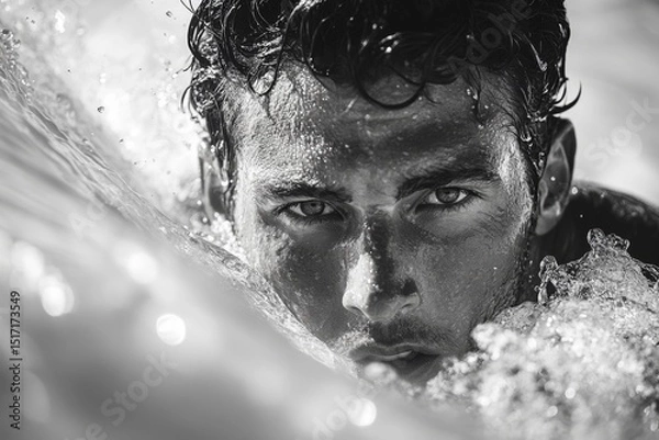 Fototapeta Black and white closeup of surfer man emerging from ocean with intense look