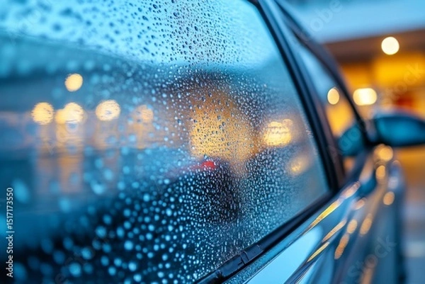 Fototapeta Raindrops on car window with city lights reflecting during evening drive