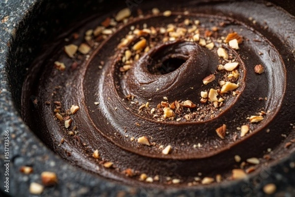Fototapeta Close up of chocolate dessert with nuts on rustic dark background