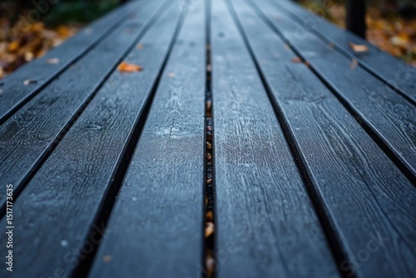 Fototapeta Close up view of wet wooden deck with visible texture and water droplets