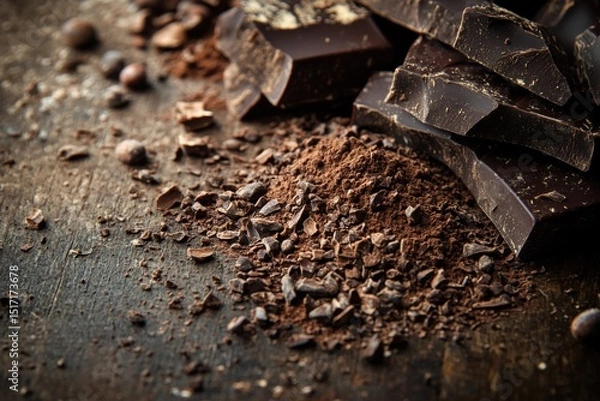 Fototapeta Dark textured chocolate background with broken pieces and cocoa crumbs
