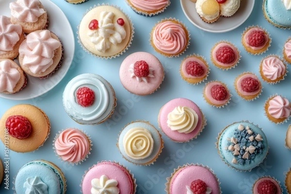 Fototapeta Top view of colorful sweet pastries and macarons on a blue background