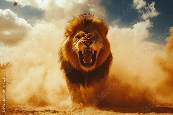Fototapeta Roaring lion running through dusty savannah with intense expression