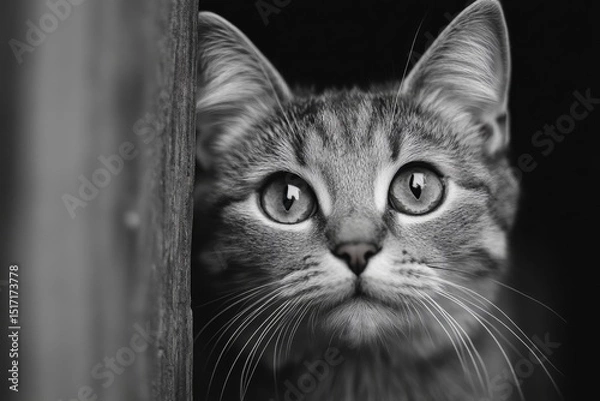 Fototapeta Black and white image of cat peeking around wall with intense eyes