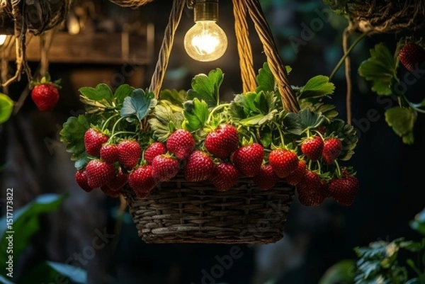 Fototapeta Hanging basket of ripe red strawberries with soft focus and moody lighting