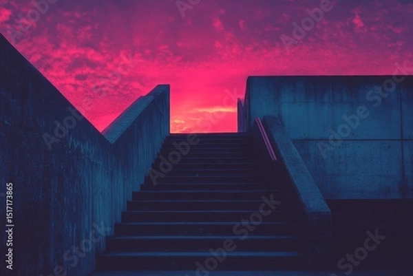 Fototapeta Dark stairway leading up to building under purple moody twilight sky