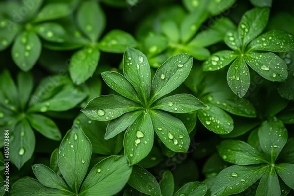 Fototapeta Green leaves covered in raindrops with soft natural light and rich texture