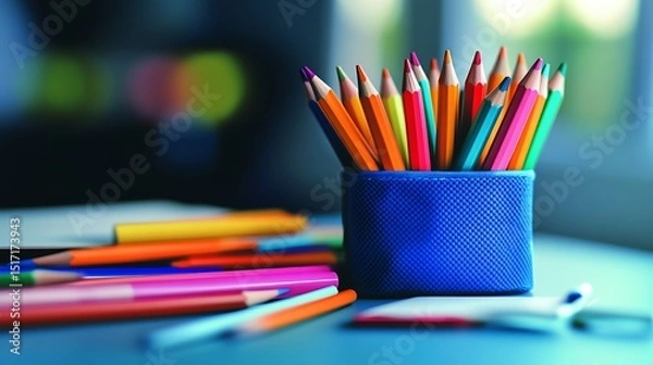 Fototapeta markers and colored pencils spilling from open pencil case on school desk with scattered notebooks highlighters scissors and glue stick bright vibrant colors