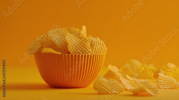 Fototapeta Orange bowl filled with wavy potato chips on warm orange background, crunchy snack composition for fast food or branding design